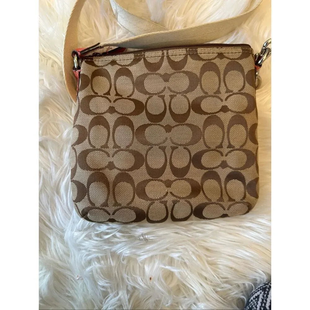 Coach Signature Jacquard Swingpack Crossbody Bag with hot orange Trim – Turnlock